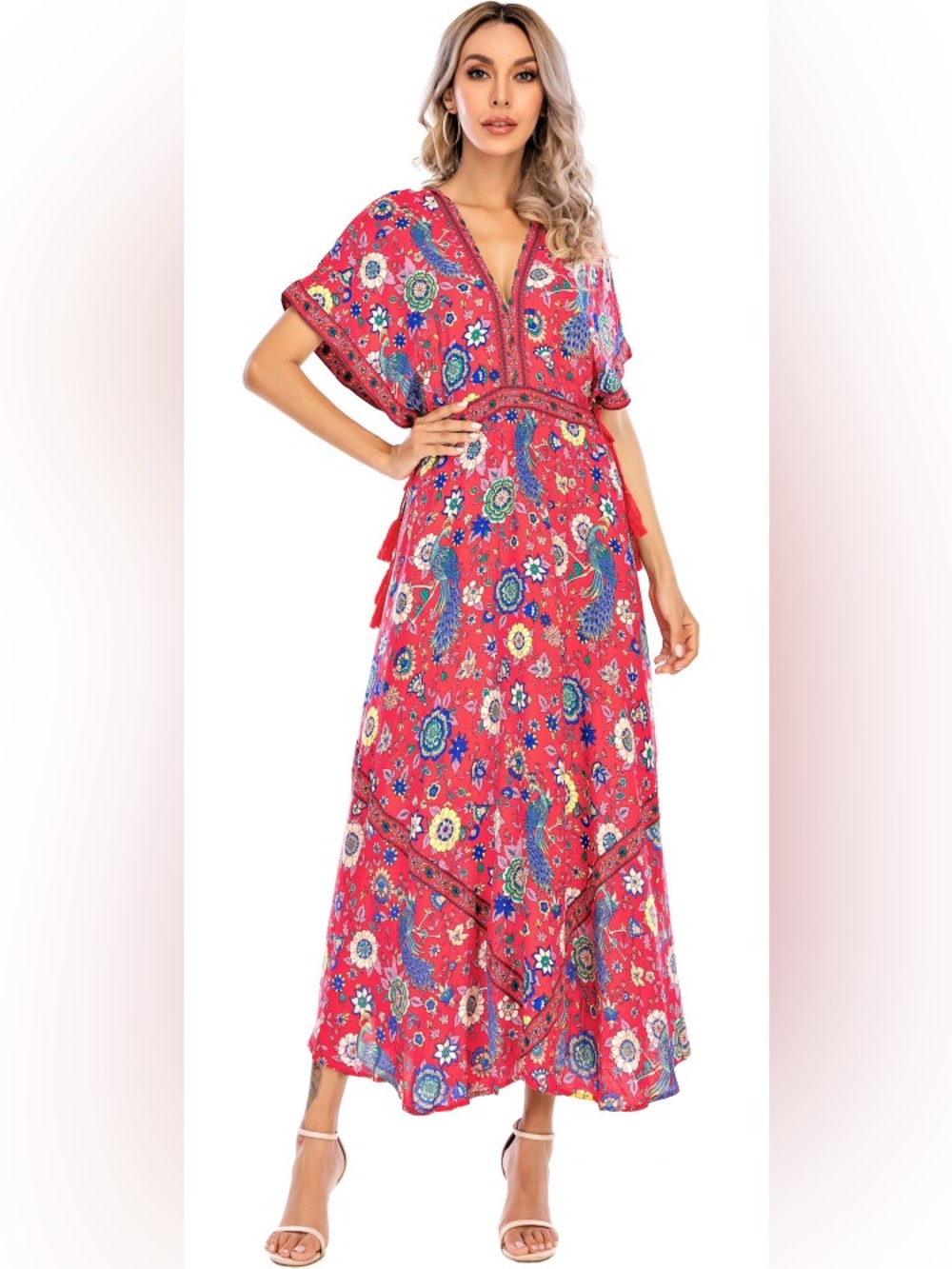 Bohemian Flowy Red Floral Maxi Dress with Peacock Print and Tassels